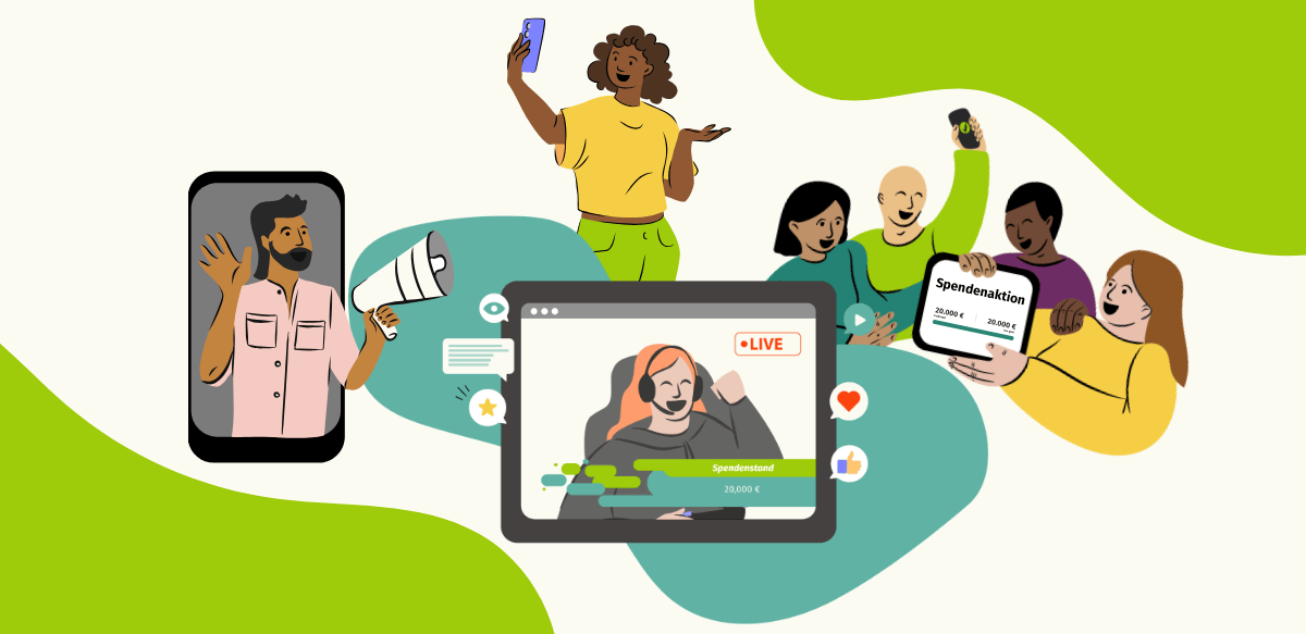 In der Mitte ein Bildschirm, auf dem wir eine weiße Gamerin mit orangenen langen Haaren sehen, in dunkelgrauem Hoodie. Sie hebt den Arm in einer siegessicheren und zufriedenen "YAY"-Geste. In der anderen Hand hält sie einen Controller. Rechts oben im Screen ein rotes LIVE. Unten im Screen sehen wir einen Abbinder, auf dem steht "Top-Spende: turtle_lover 2.500 €" "Letzte Spende: florian87 23 €" und "Spendenstand: 20.000 €". Links sehen wir einen Spender*innen-Kommentar "florian87 #Pflicht". Desweiteren sehen wir Kommentare mit Icons. Ein Herz, ein Daumen Hoch. Links daneben sehen wir einen Smartphone-Screen und darauf einen Mann of Colour mit schwarzen kurzen Haaren und Bart in einem rosa Hemd, der ein weißes Megaphon hält und etwas ruft. Hinten auf der Grafik sehen wir eine Frau of Colour mit gelockten mittellangen Haaren, die ihr Smartphone in die Höhe hält und in die Kamera spricht. Rechts daneben eine Gruppe von 4 Personen, die sich um ein Tablet geschart hat, das eine der Personen hält. Sie alle feiern das Erreichen des Zieles einer Spendenaktion, deren Spendenbalken auf dem Tablet-Screen zu sehen ist: 20.000 Euro! Die Person of Colour links hat schwarze glatte kinnlange Haare. Rechts daneben eine weiße Person mit Glatze, die feiernd das Handy in ihrer Hand in die Luft streckt. Rechts daneben eine Schwarze Person mit kurzen schwarzen Haaren. Rechts daneben eine weiße Person mit hellbraunen glatten langen Haaren