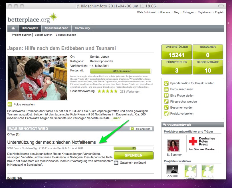 Eine Projektseite - in diesem Fall vom Roten Kreuz. Der grüne Pfeil zeigt wieder an, wofür das Geld verwendet wird.