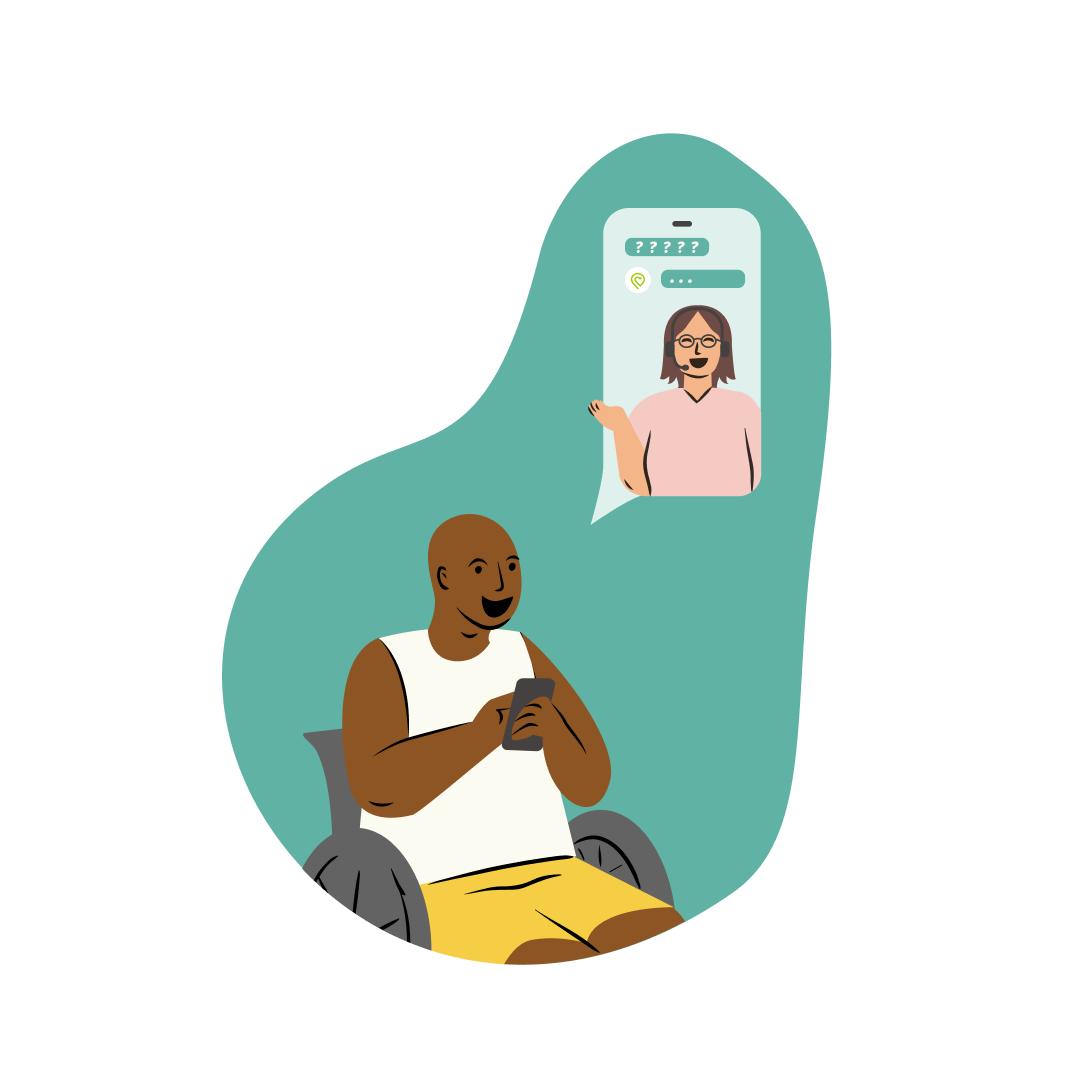 Ein Mann im Rollstuhl spricht mit einer Frau am Telefon.