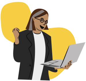 The graphic shows an illustrated person cheering with one arm and holding a laptop in the other.